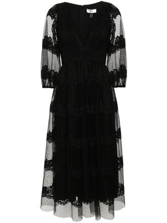 Nissa floral-lace tiered midi dress - Black
