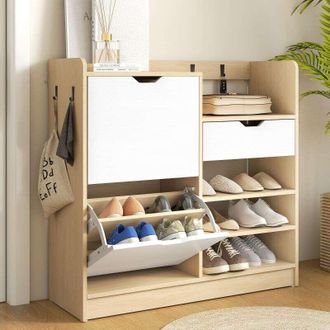 OEM &Eacute;tag&egrave;re &Agrave; Chaussures Pour Couloir Avec Tiroirs Inclinables Et &Eacute;tag&egrave;res Ouvertes, 4 Crochets Et Capacit&eacute; 14 Paires, Meuble De Rangement Fonctionnel, 93
