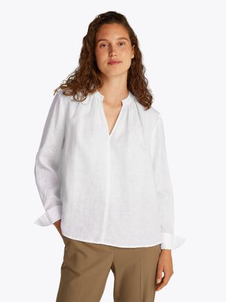 Tommy Hilfiger Klassische Bluse TOMMY HILFIGER ESS LINEN V-NECK BLOUSE, Damen, Gr. 36, weiss (optic wei&szlig;), Web, Obermaterial: 100% Leinen, unifarben, normal kurz, V-