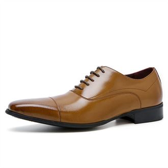 Generic Formal Dress Shoes for Men Lace Up Square Burnished Toe Cap Toe Leather Low Top Block Heel Slip Resistant Party(6.5 UK) Light Brown