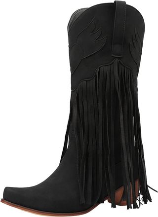 Generic Ladies Fringe Cowboy Boots - Womens Pointed Toe Western Ankle Boots Solid Colour Black Mid Calf Cowboy Boots For Women Slip On Wide Fit Thigh High Boo