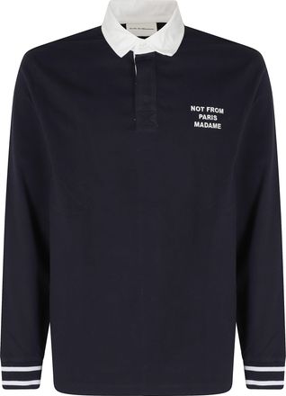 Dr&ocirc;le de Monsieur Blue Slogan Long-Sleeve Cotton Polo Shirt