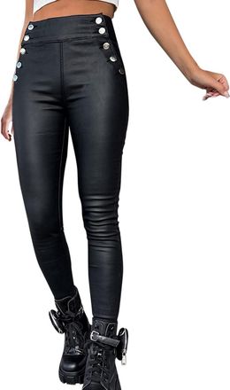 Generic Womens Faux Leather Leggings High Waisted Button Design Plus Size Stretch Tights Solid Color Stylish Comfortable Clubwear Party Street Fashion Versati