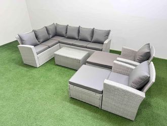Fimous 10 Seater Garden Outdoor PE Rattan Furniture Set with 2 Big Footstools 2 Chair Light Grey Mixed