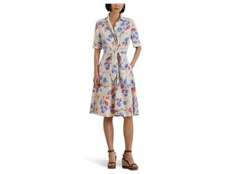 Lauren Ralph Lauren Floral Tie-Front Linen Shirtdress Womens Dress Cream/ : 10