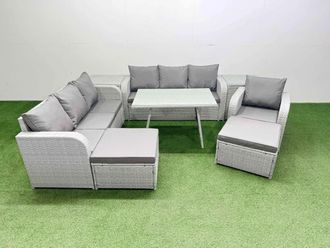 Fimous 8 Pieces Outdoor Rattan Garden Furniture with Side Tables Big Stools in Light Grey