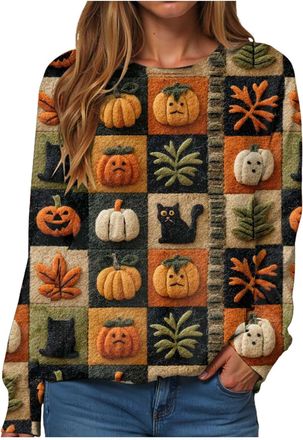 Generic Halloween Sweatshirts for Women UK Slouchy Jumper Pumpkin Cat Printed Long Sleeve Round Neck Pullover Ladies Holiday Loose Fit Tops Lightweight Sweats