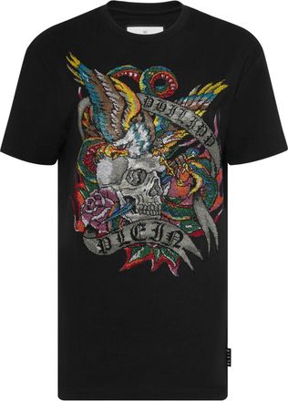 Philipp Plein crystal-embellished tattoo-print T-shirt - women - Cotton - M - Black