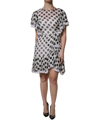 Dolce & Gabbana Womens White Polka Dotted Silk Blend A-Line Dress Cotton Elastane