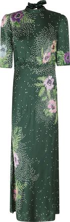 Saloni Dark Green Adele-B Floral Floor-Length Viscose Day Dress