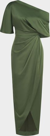 Theia Rayna Draped One-Shoulder High-Low Gown