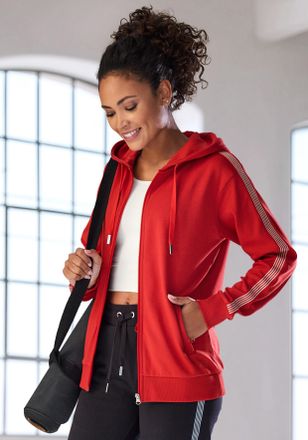 H.I.S Kapuzensweatjacke H.I.S, Damen, Gr. XL (48/50), rot, Interlock, Obermaterial: 100% Baumwolle, unifarben mit Farbeinsatz, bequem h&uuml;ftlang, Rippb&uuml;ndchen