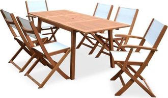 Sweeek 6-seater extendable wooden garden table set with chairs, Almeria 6, Natural, 180x80x75 cm
