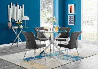 Furniturebox Novara Round Glass Dining Table & 4 Nora Silver Leg Chairs in Dark Grey