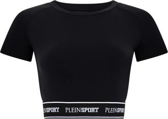 Plein Sport Fleece Cropped T-Shirt - Dames - Sportshirts - Zwart - M - Katoen - Fitness