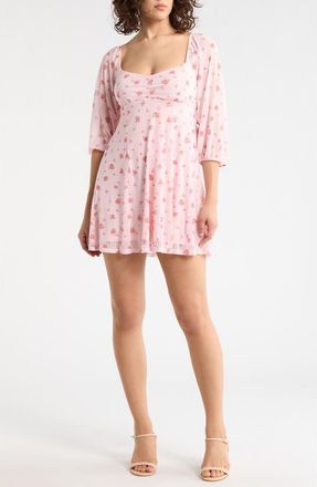 Abound Puff Sleeve Mesh Minidress in Pink- Red Pom Floral at Nordstrom Rack, Size X-Small