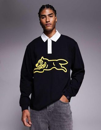 Icecream Maglia stile rugby nera con stampa di cane che corre-Nero