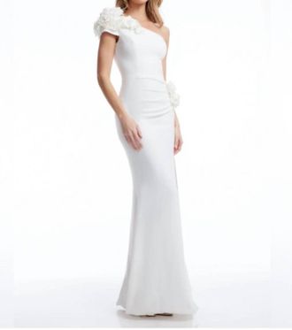 Dress The Population Aubrielle Asymmetric 3D Floral Mermaid Gown In Off White