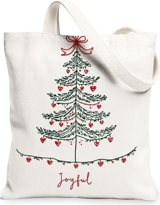 Generic Christmas Tree Canvas Tote Bags, Joyful Holiday Design Reusable Grocery Bags, Vintage Elegant Lightweight Washable Shoulder, White, 13x15 Inch