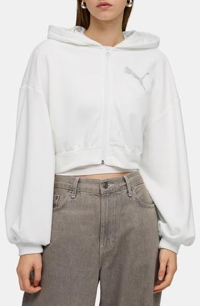 Puma Essentials Bedazzled Rhinestone Embellished Cropped Graphic Hoodie in Puma White at Nordstrom, Size X-Large