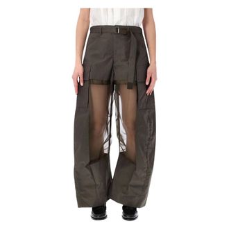 sacai Broeken, Dames, Groen, L, Katoen, Sheer Detail Cargo Pants