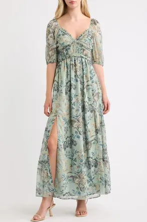 Lulus Madison Floral Ruffle Puff Sleeve Maxi Dress in Sage Floral Multi at Nordstrom, Size X-Large
