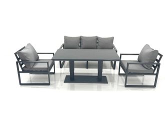 Fimous Outdoor Aluminium Garden Furniture Set with Adjustable Rising Lifting Dining Table 3 Seater Sofa 2 Chair Dark Grey