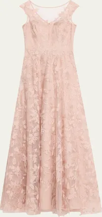 Teri Jon Sleeveless Embroidered Floral Applique Gown