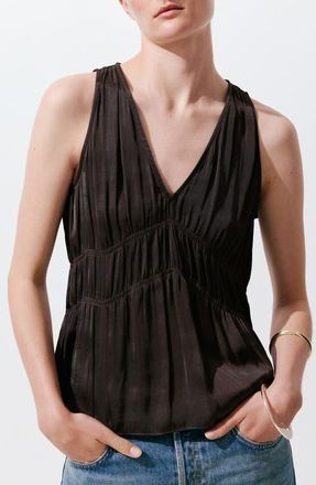Mango Ruched V-Neck Top in Brown at Nordstrom, Size Medium