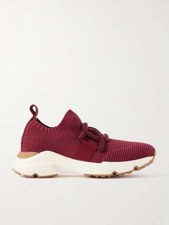Tod's Sneakers Slip-on In Maglia Stretch Con Finiture In Pelle - Bordeaux