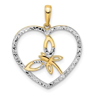 Diamond2Deal 14k Yellow Gold White Rhodium Diamond-cut Dragonfly in Heart Pendant