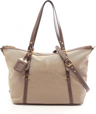 Prada Beige Brown Canvas Leather Tote Bag (Pre-Owned)