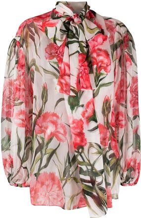Dolce & Gabbana Carnation-print tie-neck silk blouse - women - Silk - 42 - White