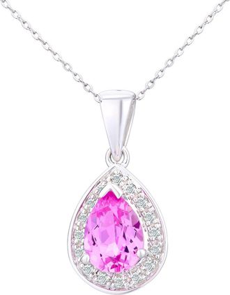 Jewelco London 9ct White Gold Diamond Pear Created Sapphire Necklace 18 - PP0AXL3061WCrtdPinkSa