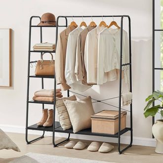 Vasagle Clothes Rack with Shoe Storage 5 Tier Side Hooks Bedroom in Black