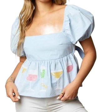 Peach Love California Cheers To You Peplum Top In Light Blue