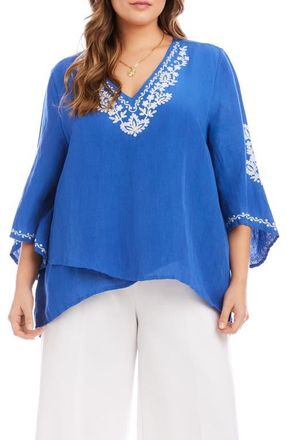 Karen Kane Embroidered Asymmetric Hem Linen Blend Top in Blue at Nordstrom, Size 2X