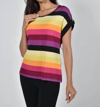 Frank Lyman Design Melissa Short Sleeve Top With Rhinestone Tab In Multi Stripe