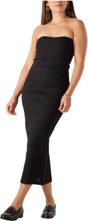 Calvin Klein Kleedjes, Dames, Zwart, XL, Katoen, Zwarte Rib Mouwloze Midi Jurk