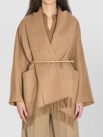 Max Mara camel wrap belted fringe cape