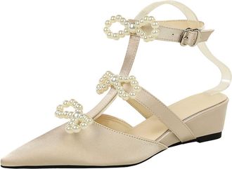 Generic Womens Sandals Pointed Toe Ankle Strap Fashion Pearl Bowknot Shoes Satin Wedge heel 4.5CM Cut-out for Bride Prom Party-numeric_5_point_5