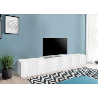Dmora Dmora - Mueble De Sal&oacute;n Mueble Para Tv, Made In Italy, Mueble Para Tv Con 6 Puertas Batientes Con Detalle, 244x44h46 Cm, Color Blanco Brillante, Con E
