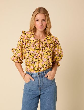 Nobody's Child Yellow Floral Short Sleeve Blouse