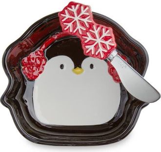 Tag Christmas Penguin Bowl & Snowflake Spreader Set Multi Earthenware 21 oz in Black at Nordstrom