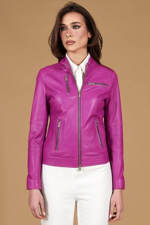 D'Arienzo Giacca biker in pelle naturale glicine effetto liscio DArienzo, Seleziona Taglia XXS, Colore Viola