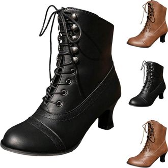 Generic Womens Ankle Boots Mid Calf Boots Round Toe Black Boots Chunky Heel Lace Up Witch Boots for Ladies,Wedge Heel Boots for Women,Vintage Granny Boots Ren