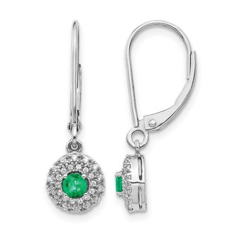 Diamond2Deal 14k White Gold 1/5 Ct Lab Grown Diamond and Created Emerald Halo Dangle Earrings