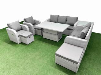 Fimous PE Rattan Garden Furniture Set Reclining Chair Sofa Double Love Seat 2 Seater Sofa Lounge Set Adjustable Lifting Dining or Coffee Table 3