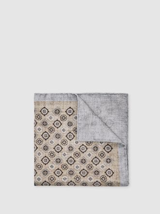 Reiss Oatmeal Melange Silk Medallion-print Pocket Square