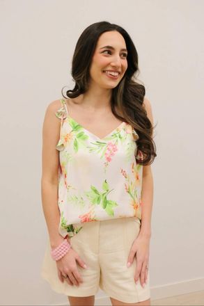 Skies Are Blue Clothing Ophelia Floral Print V-Neck Cami Top In Ivory Multi